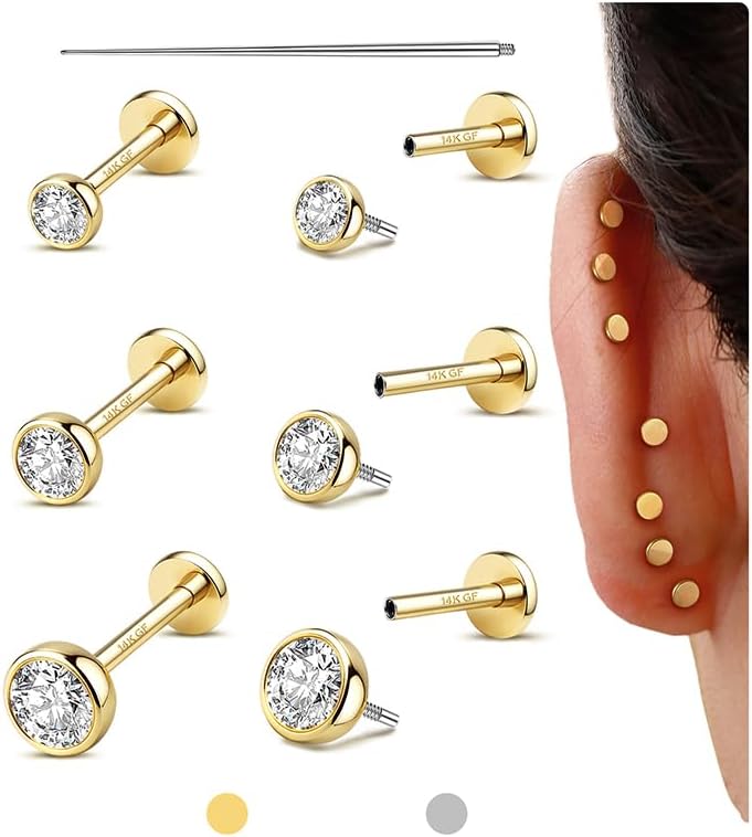 GEMQUEEN Flat Back Earrings Stud : 14K Gold Filled Titanium Surgical Steel Earrings Hypoallergenic for Women Men 16G 18G Cartilage Helix Tragus Conch Medusa Piercing Jewelry Dainty Earring Set 3 Pairs - Image 1